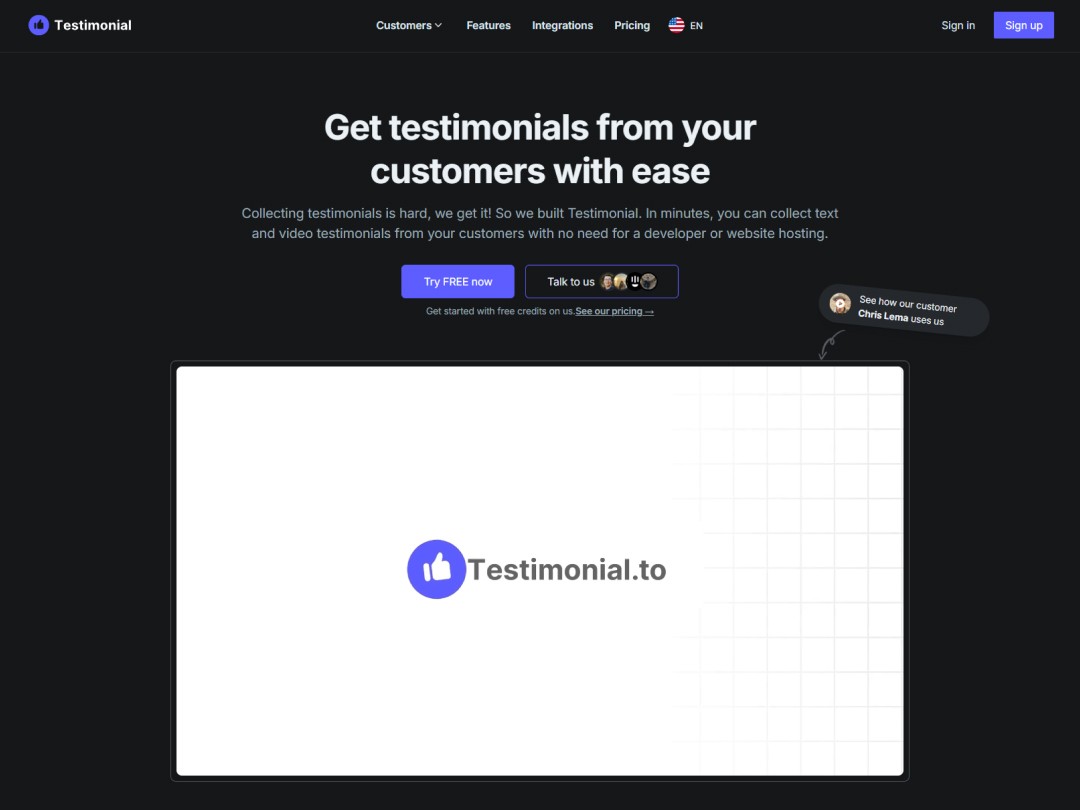 Testimonial website hero section with a demo video