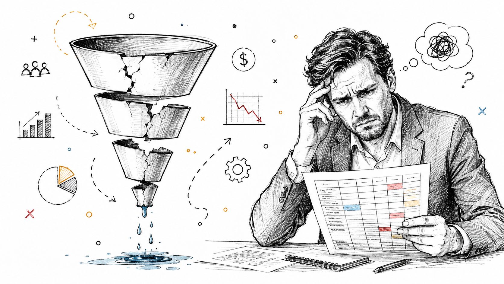 A businessman looking stressed at a desk next to a sketch of a broken, leaking sales funnel.