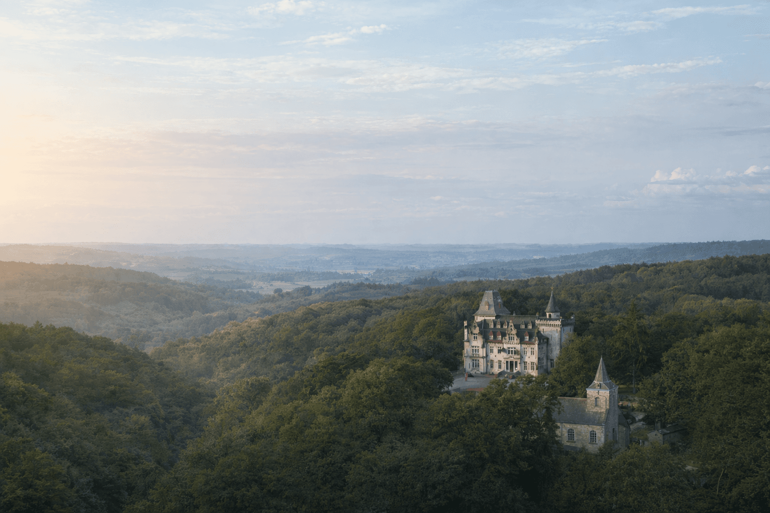 Landscape with a vineyard in rows leading to a building with a tower, rolling hills in the distance.