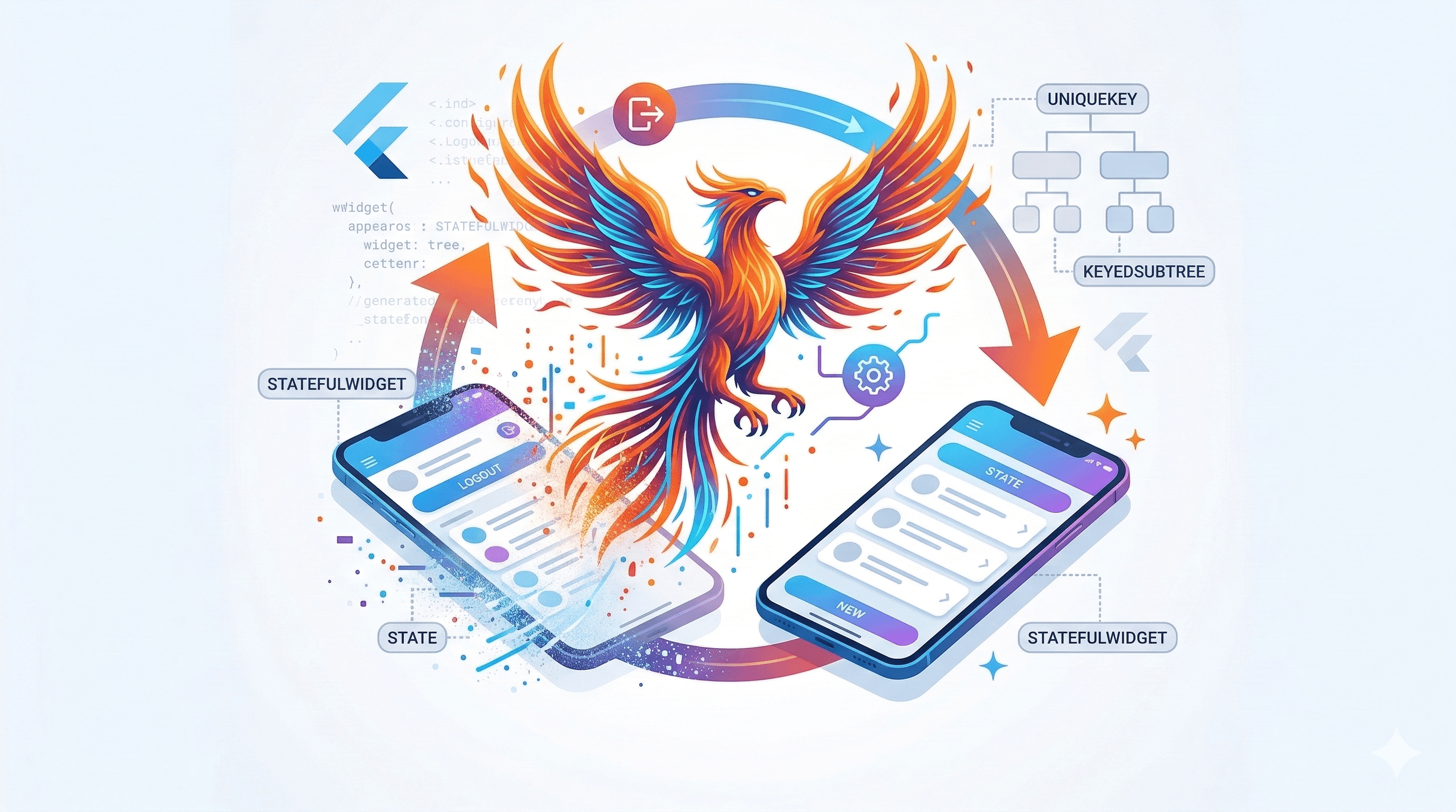 A vibrant digital illustration depicting the "Phoenix Pattern" in Flutter for app restarts. At the center is a fiery, mythical phoenix with wings spread in shades of orange and teal, symbolizing rebirth.  The image shows a visual loop: on the left, an existing mobile app interface (labeled "LOGOUT" and "STATE") is breaking down into pixels and particles. A curved orange arrow leads upwards from this old state through the phoenix, representing transformation. A second arrow leads from the phoenix down to a fresh, identical app interface on the right (labeled "NEW" and "STATE"), symbolizing the clean, restarted state.  Various Flutter-specific technical labels are integrated into the design:  * The Flutter logo (a blue 'F') is present in the background. * Text snippets like "StatefulWidget," "UniqueKey," "KeyedSubtree," and a code structure snippet "widget_tree" emphasize the framework's mechanics. * The overall composition illustrates the conceptual flow of destroying the widget tree and rebuilding it immediately with a new key.