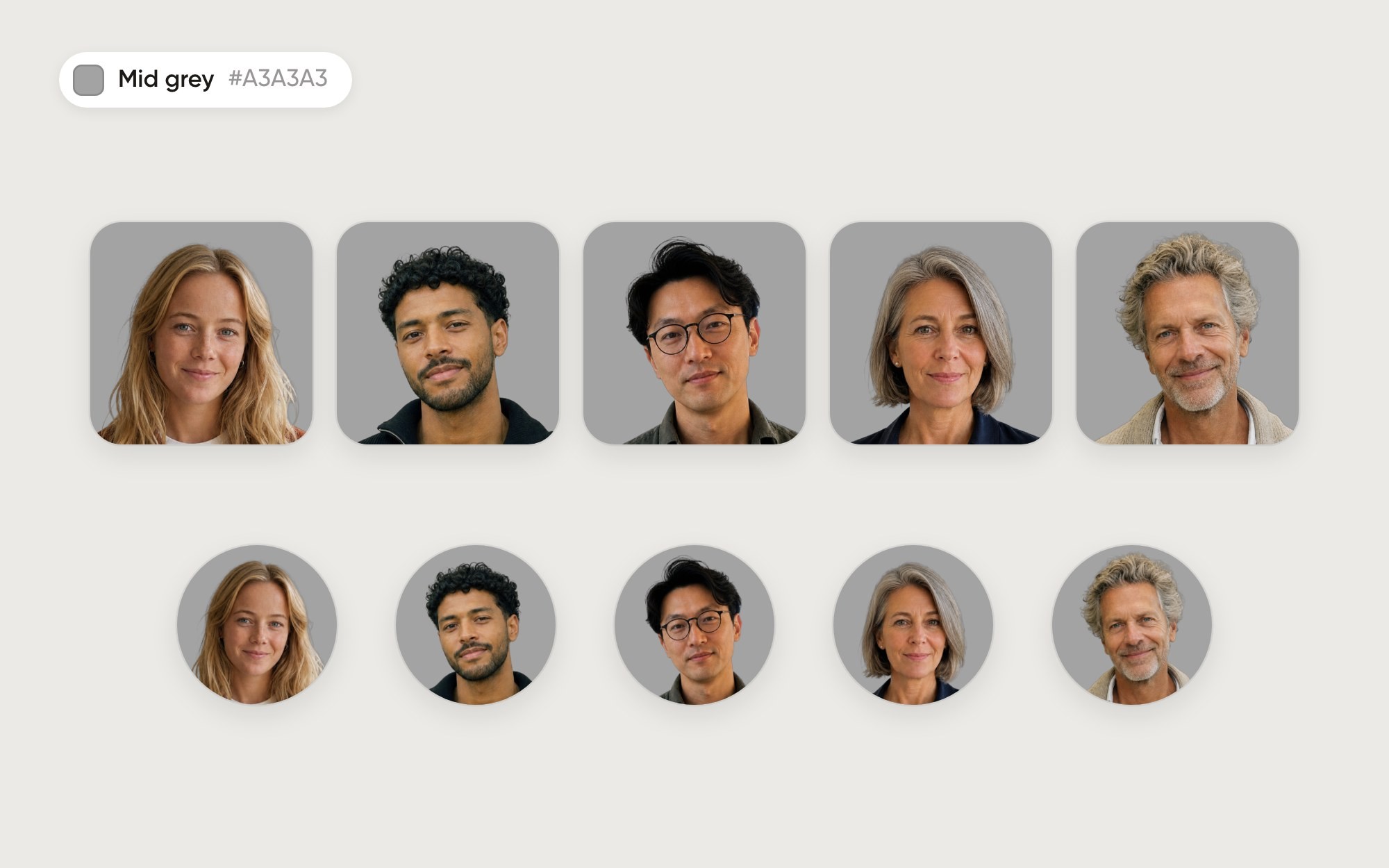 Five fictional team members on a mid grey background, as squares and as circles