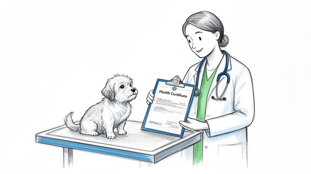A smiling veterinarian shows a 'Health Certificate' to a small fluffy dog on an examination table.