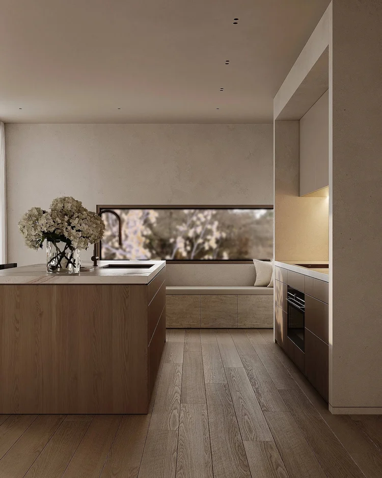 Modern minimalist kitchen design with wooden island, light hardwood floors, and neutral tones.