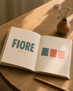 Open notebook on a wooden table displaying "FIORE REFRESH 2024" and three color swatches, with a pencil and a small flower vase nearby.