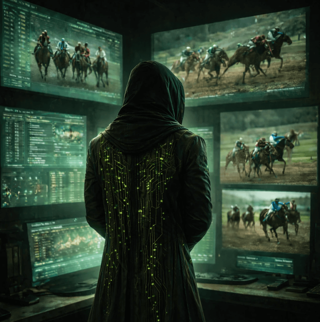 Cipher observing multiple racing screens, representing analysing race context and market information