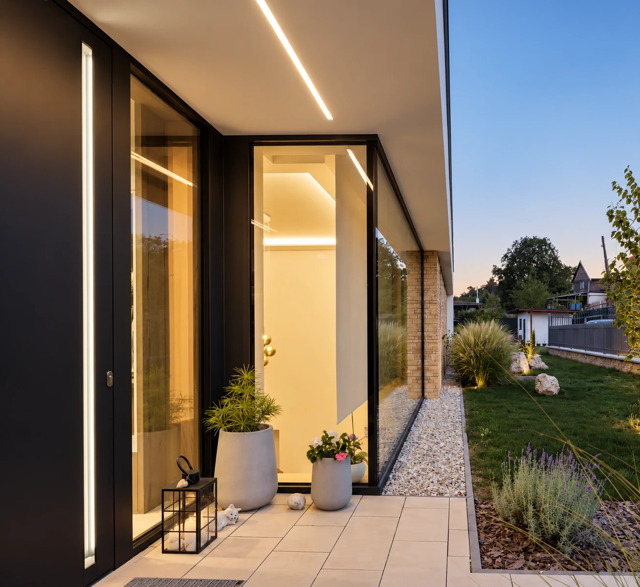Frameless windows modern house entrance at dusk