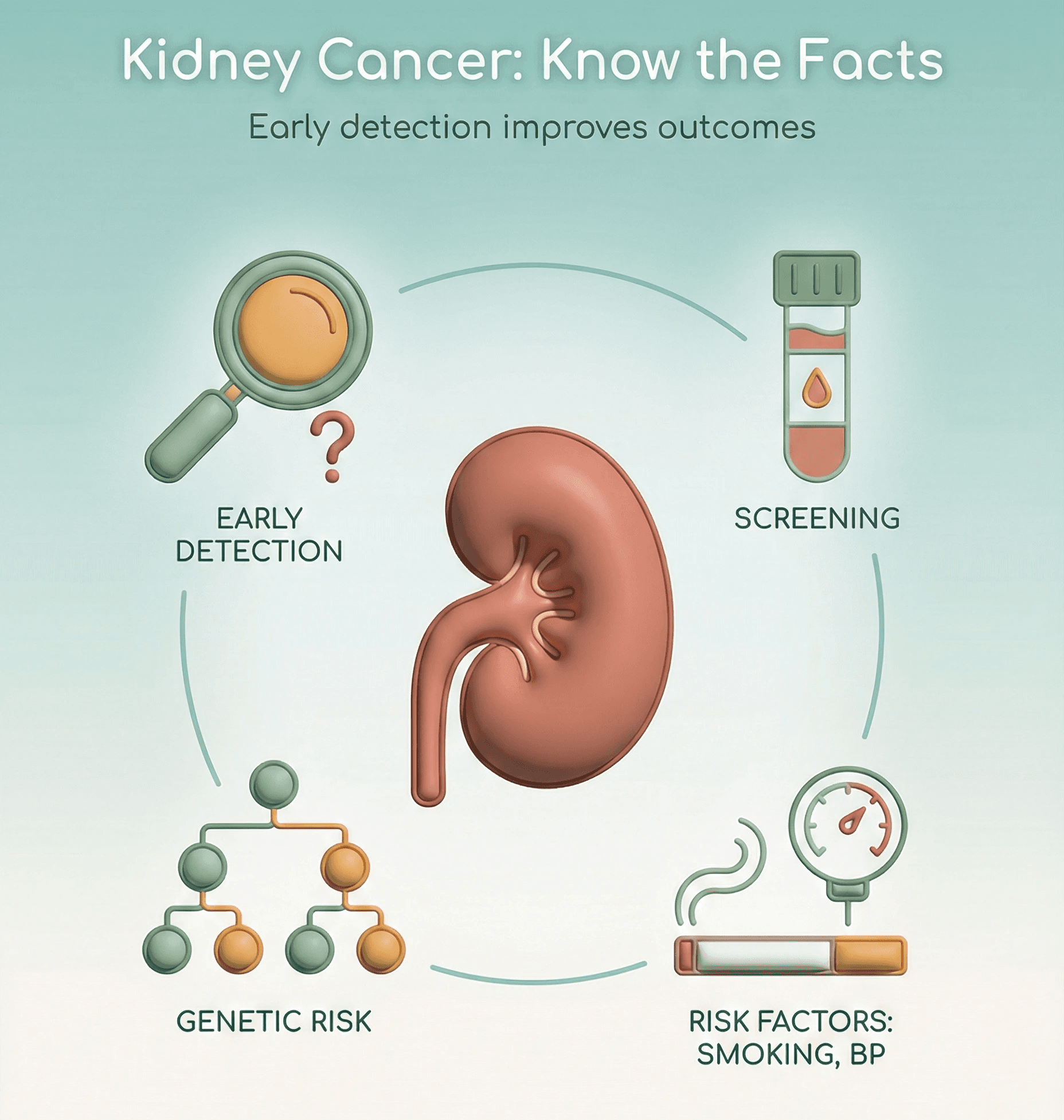 किडनी cancer के मुख्य आँकड़े और risk factors के साथ-साथ early detection और treatment options।