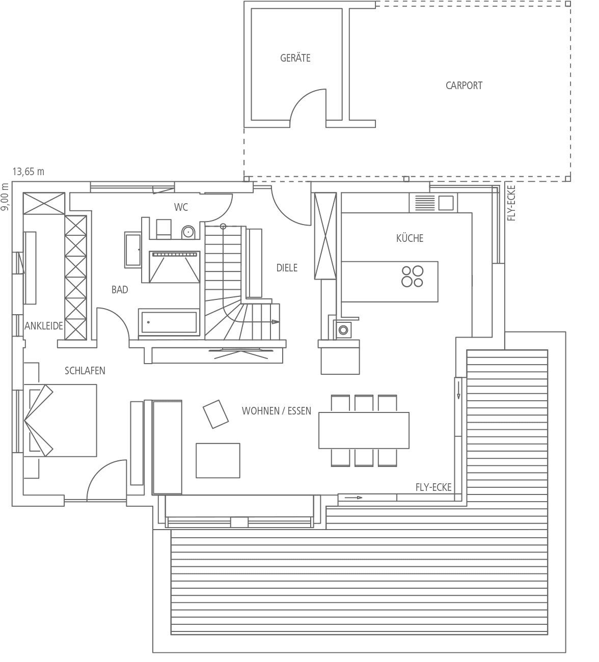 Grundriss des Erdgeschosses mit Wohnen/Essen, Küche, Diele, Bad, WC, Schlafzimmer, Ankleide, Gerätehaus und Carport.