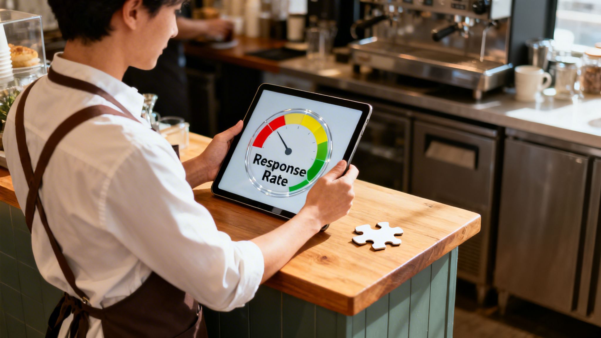 A person in a cafe apron holds a tablet displaying a low 'Response Rate' on a gauge.