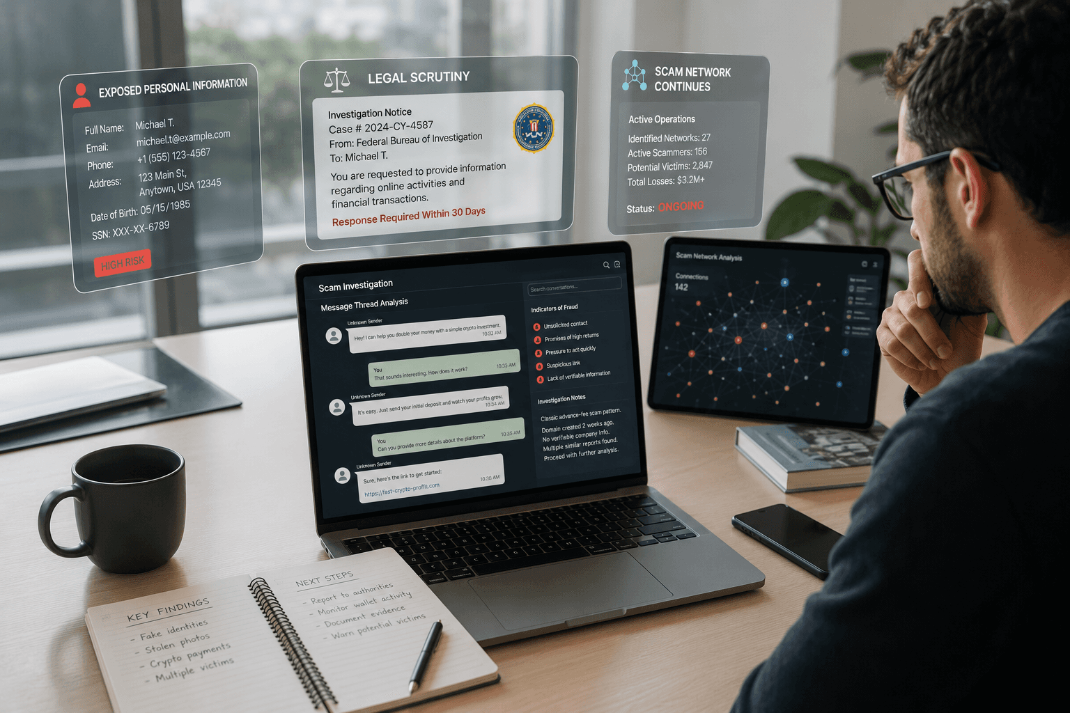 Cybersecurity analyst examining scam conversations and fraud networks while reviewing exposed personal data, legal risks, and the ongoing impact of organized online scams