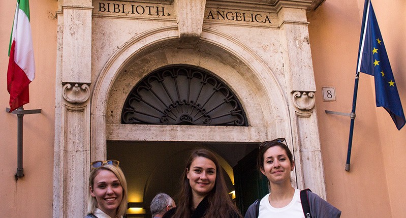 three women in front of Biblioth Angelica
