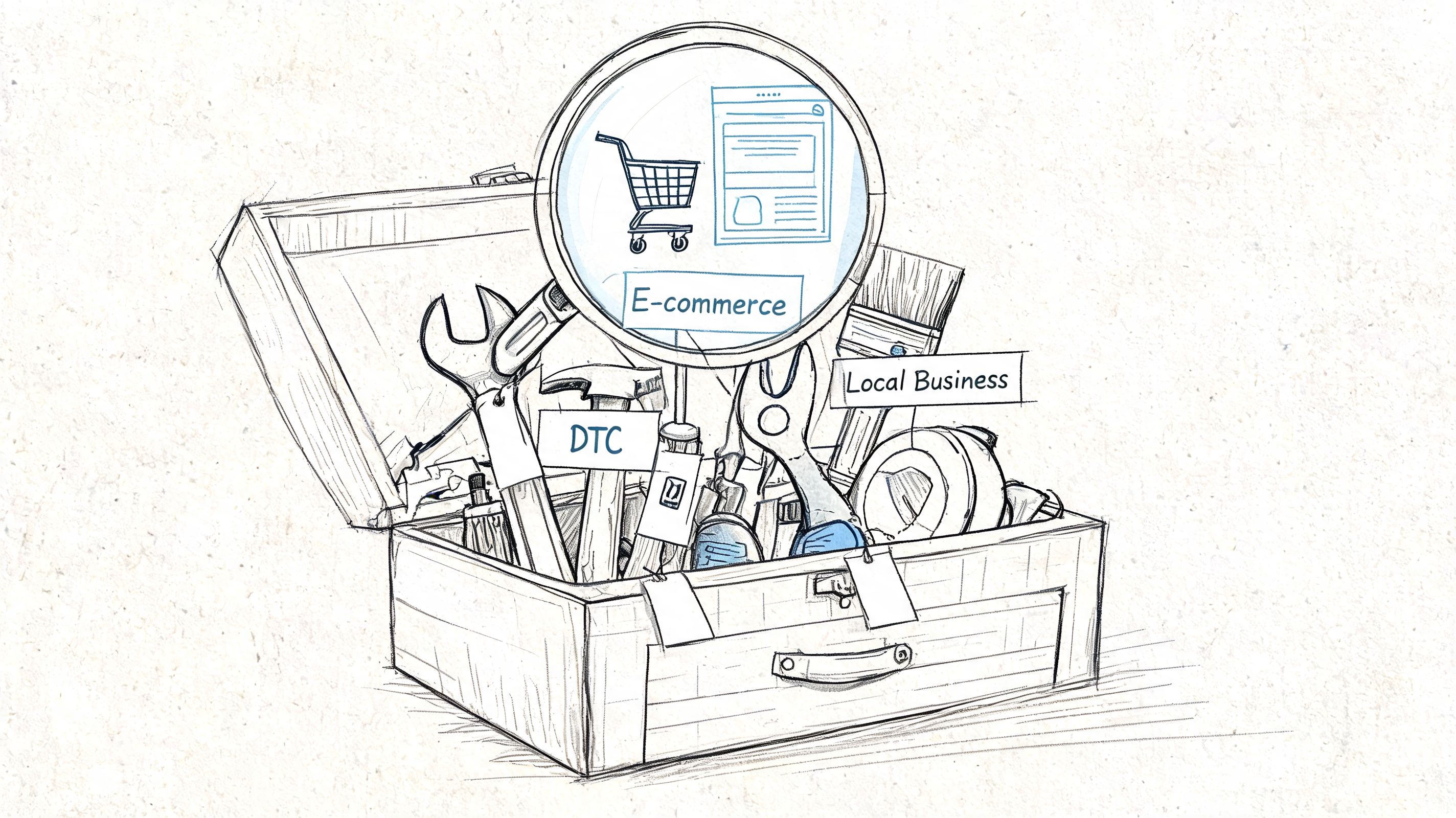 A sketched toolbox containing various business tools, highlighting e-commerce, DTC, and local business concepts for marketing strategies.
