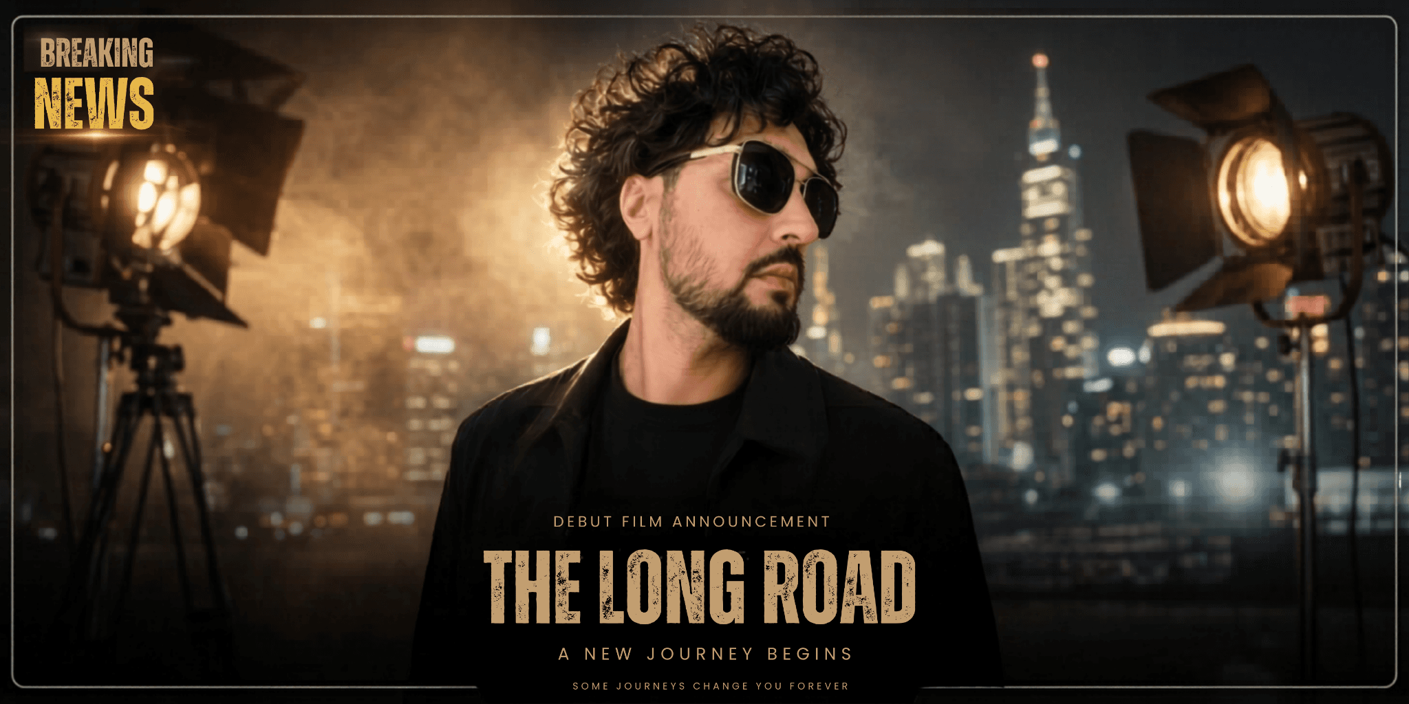 Promotional poster for “The Long Road” featuring Pravdeep Sidhu, film lights, and Melbourne city skyline at night.