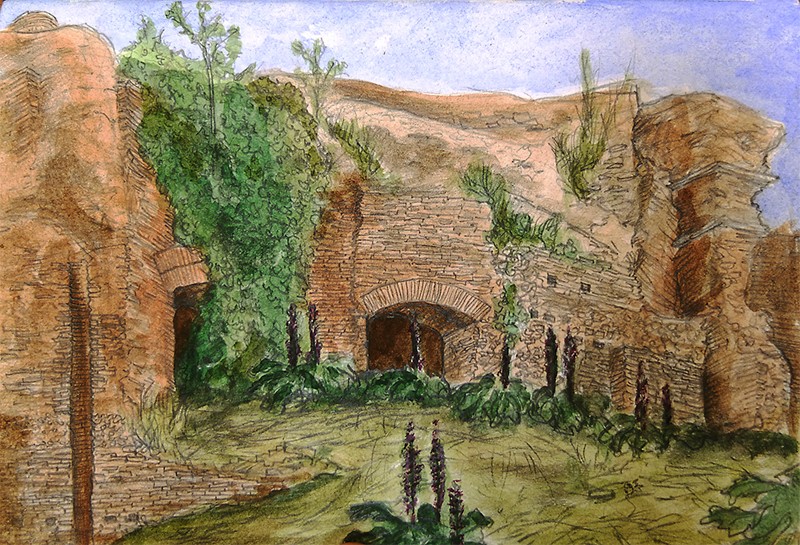 A painting of what looks like man made structures in the side of some rocks covered in green plants.