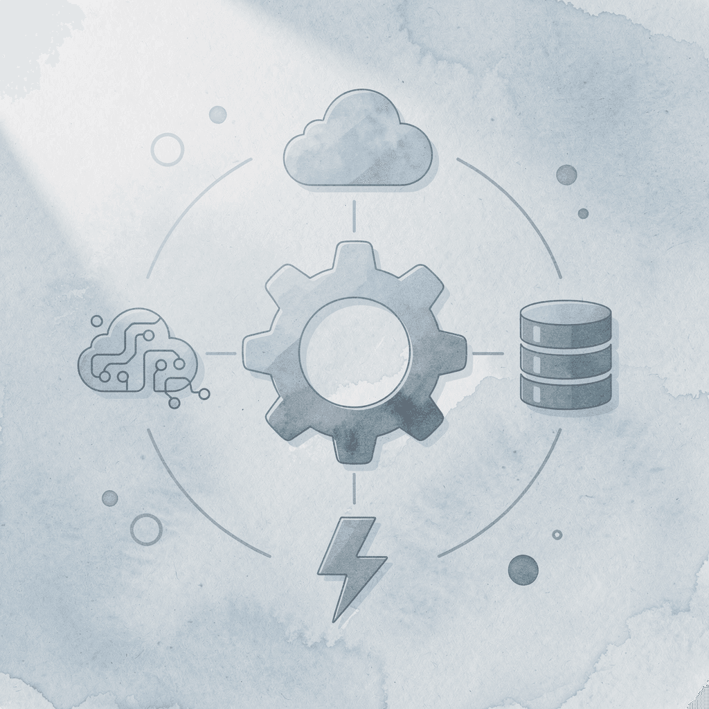 Icon hub showing central AI platform connected to agents, integrations, cloud, and automation
