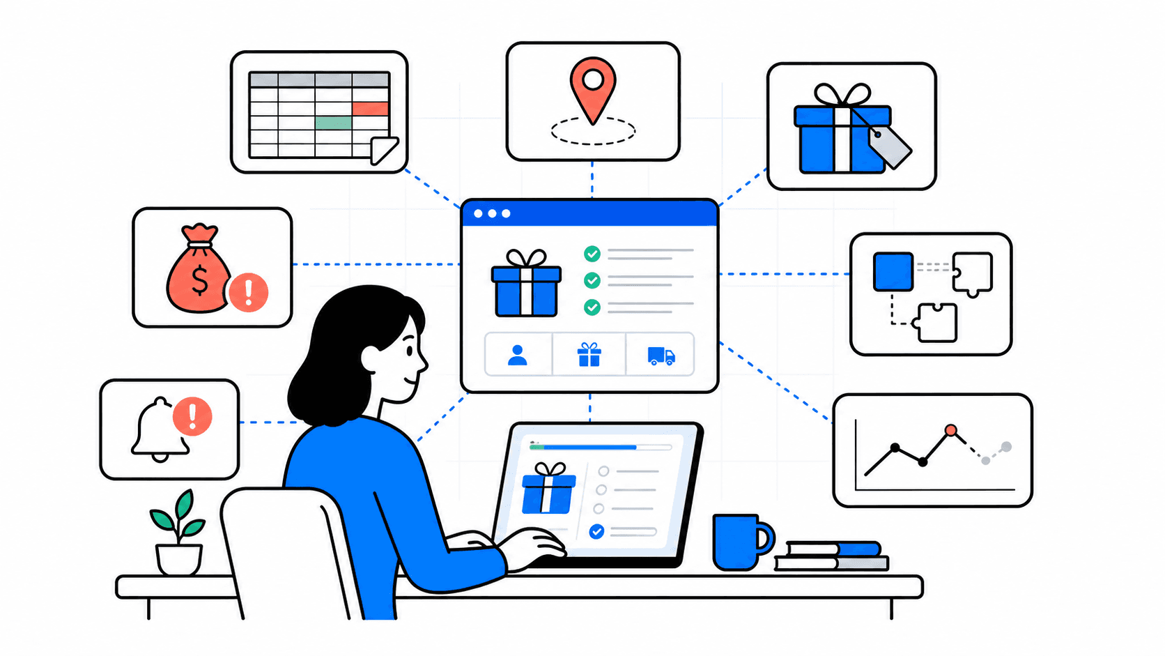 Marketing operator organizing seven common corporate gifting program challenges in one system