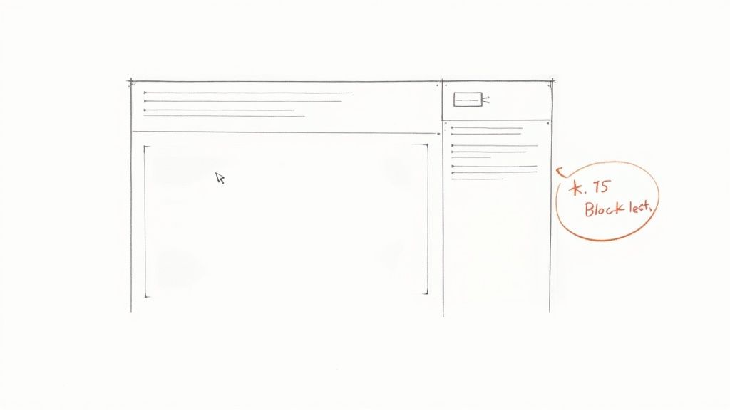 Hand-drawn wireframe sketch of a webpage layout showing header, content area, and a sidebar with an annotation.