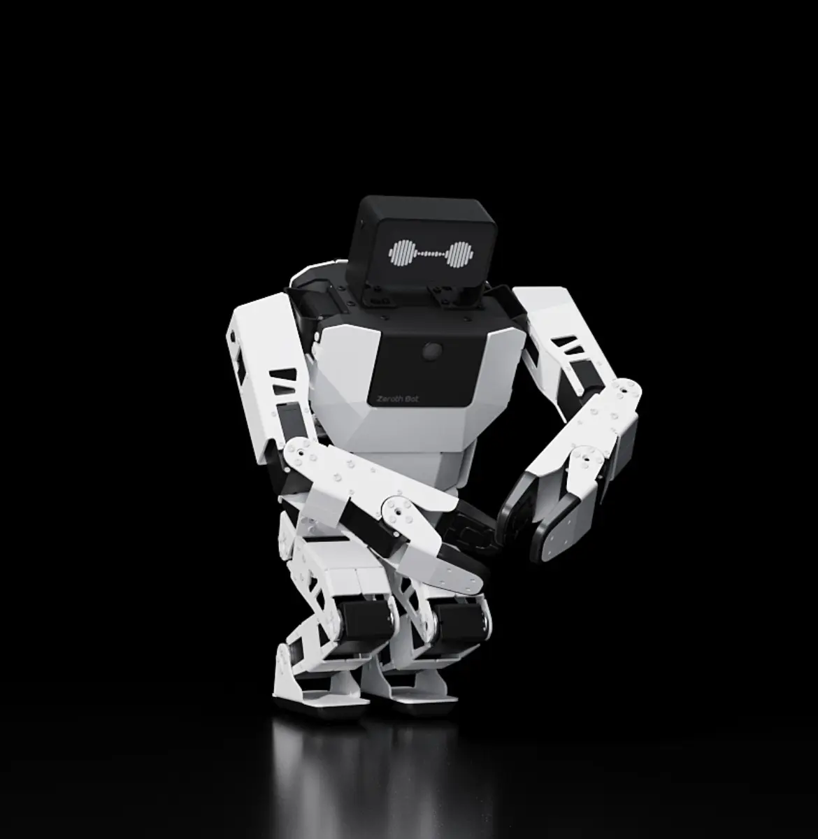A sleek, white and black humanoid robot stands on a shiny black surface, showcasing its articulated arms and legs against a dark background.