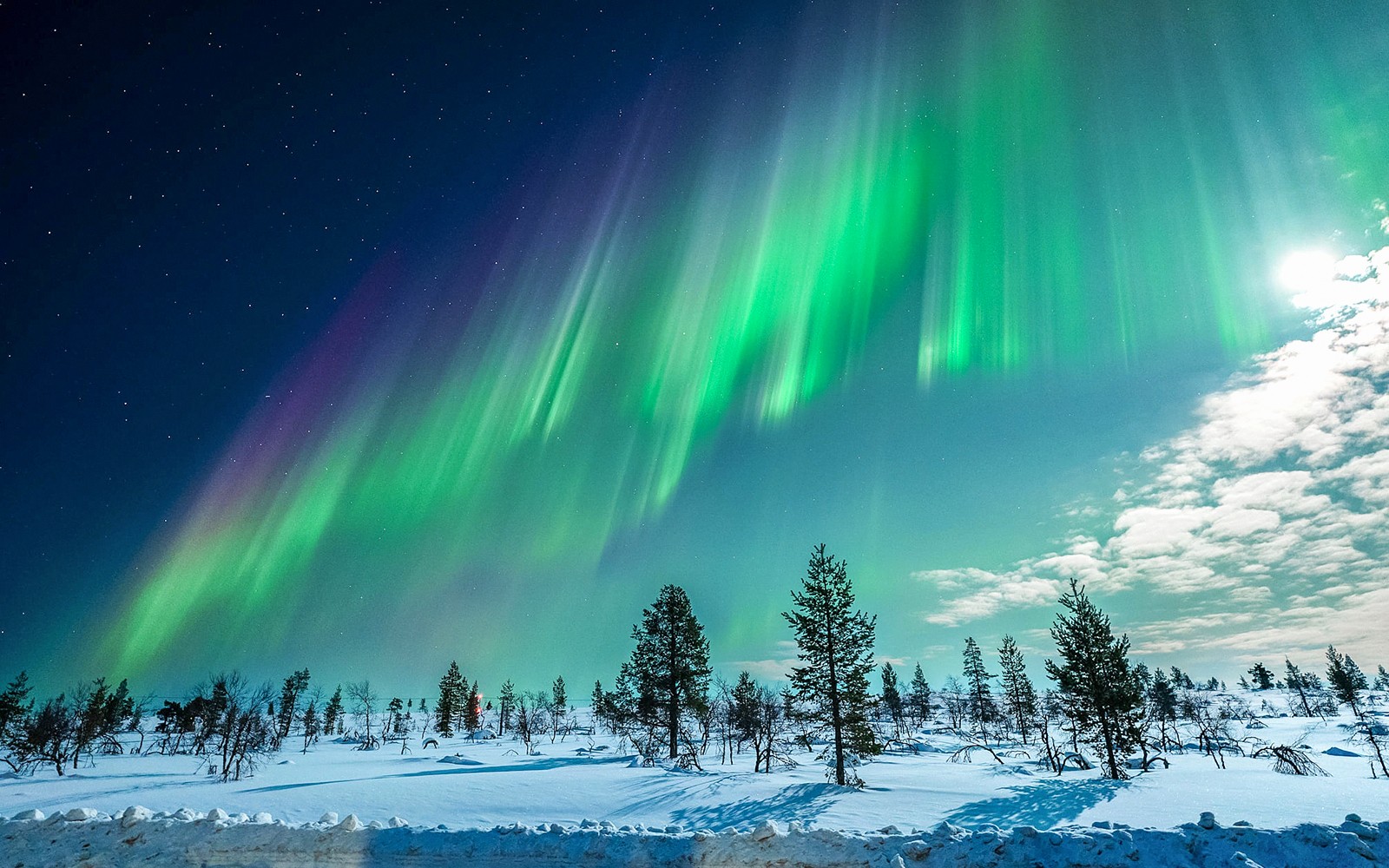 Northern Lights over snowy landscape on Tromso chase tour, Norway.