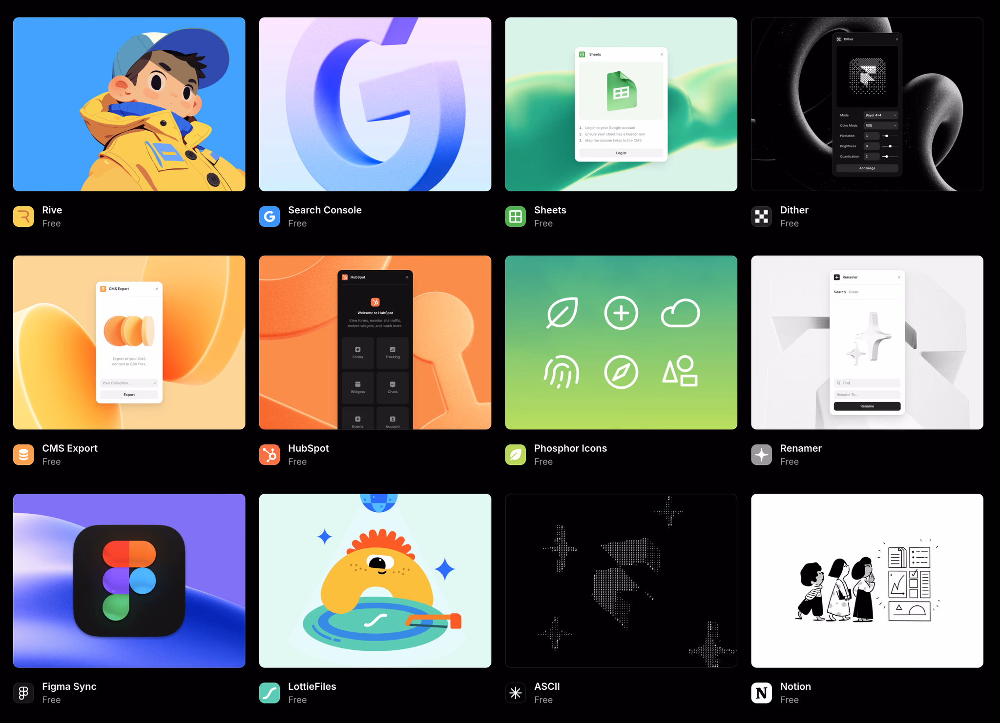 Plugin-Marktplatz von Framer mit Plugins wie Search Console, HubSpot, Figma Sync und Notion