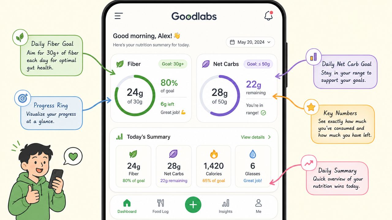 A smartphone screen displaying a nutrition tracking app with fiber and net carb goals for the day.