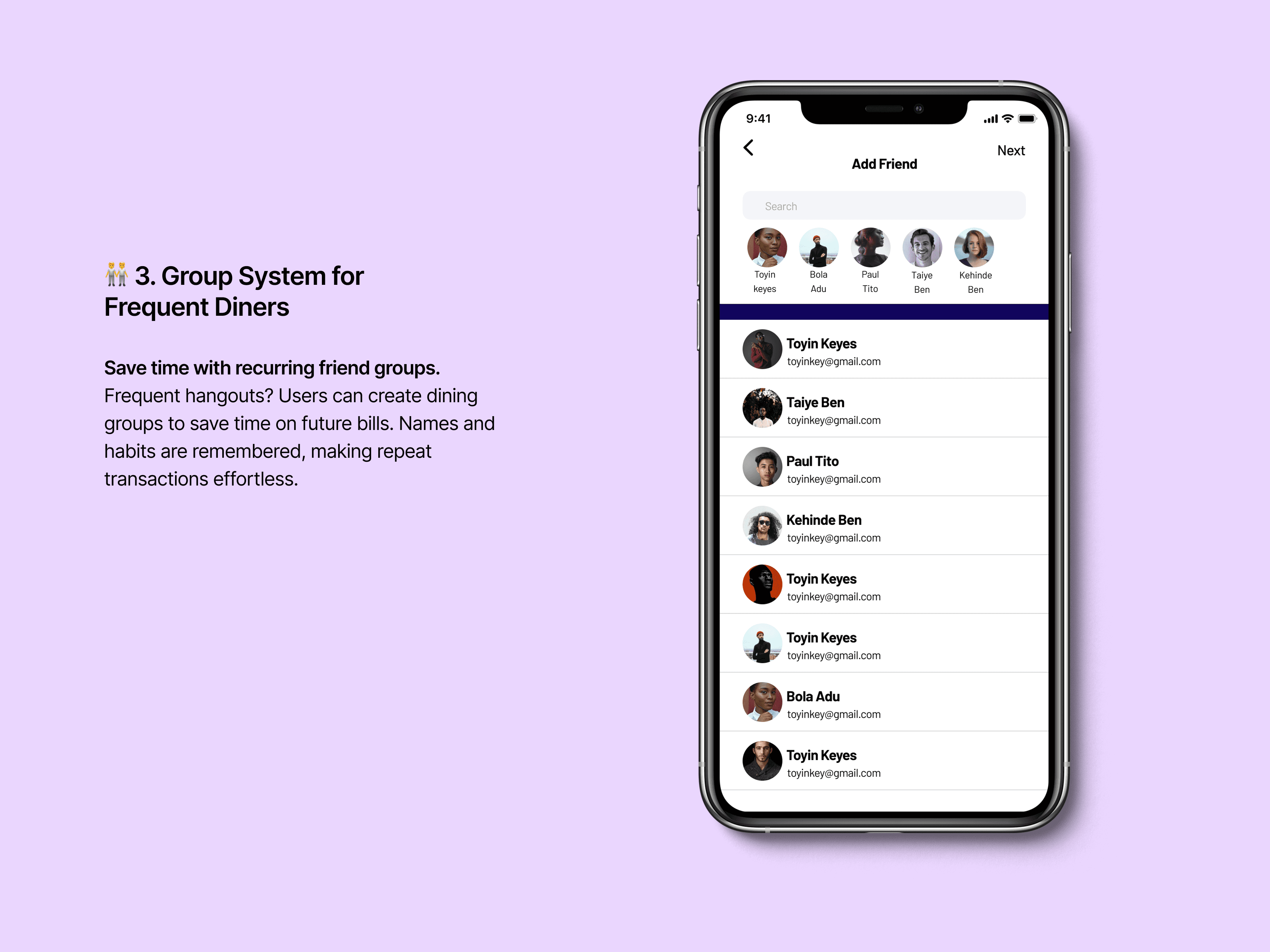 This image showcases a collection of mobile wireframe designs for an iPhone, displaying various user interface elements and layout structures, perfect for visualizing app functionality and user experience, with a focus on the "Add Friend" screen featuring a list of contacts on a purple background.