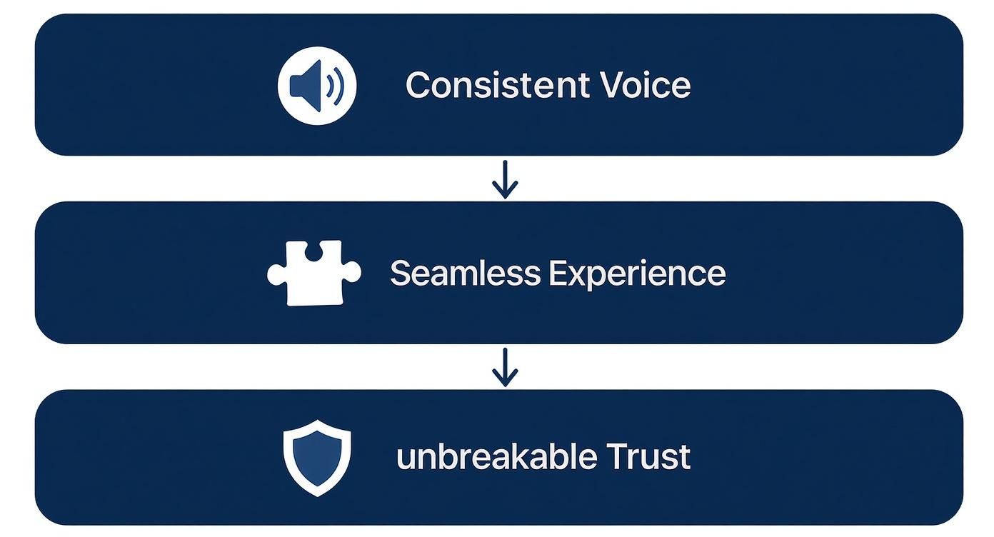 Infographic showing that a consistent voice leads to a seamless experience, which builds unbreakable trust.