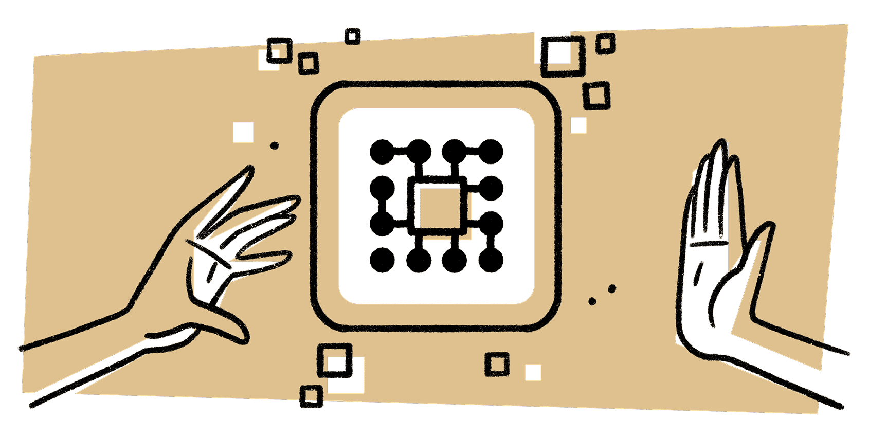 Cartoon illustration: One hand reaches for an object representing AI, as another hand rejects it