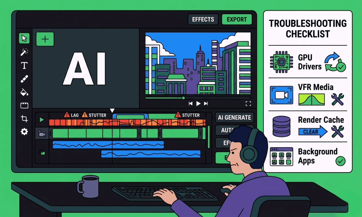 Flat illustration of a DaVinci Resolve timeline showing stuttering playback indicators with a frustrated editor and a diagnostic checklist of fixes including GPU settings, proxy media, and render cache
