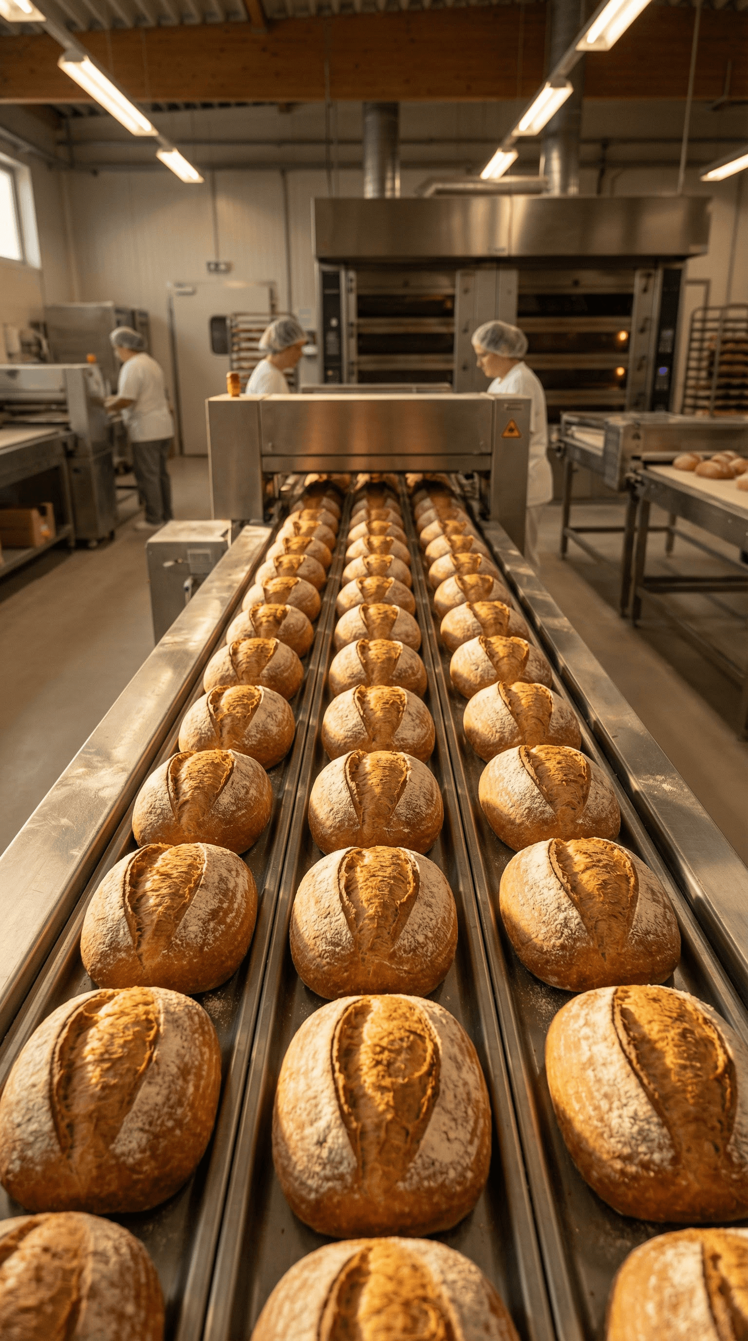 Rows of freshly baked sourdough loaves on a bakery conveyor production line.