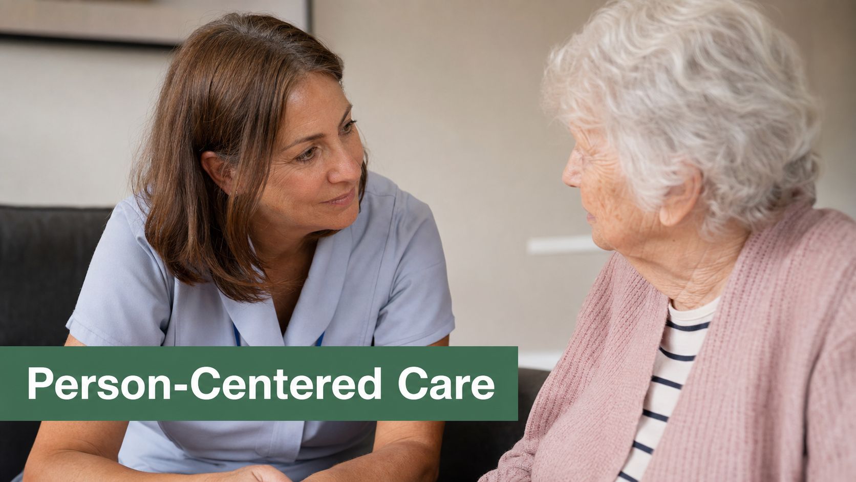 A compassionate caregiver engages in a gentle conversation with an elderly woman, focusing on empathetic communication.
