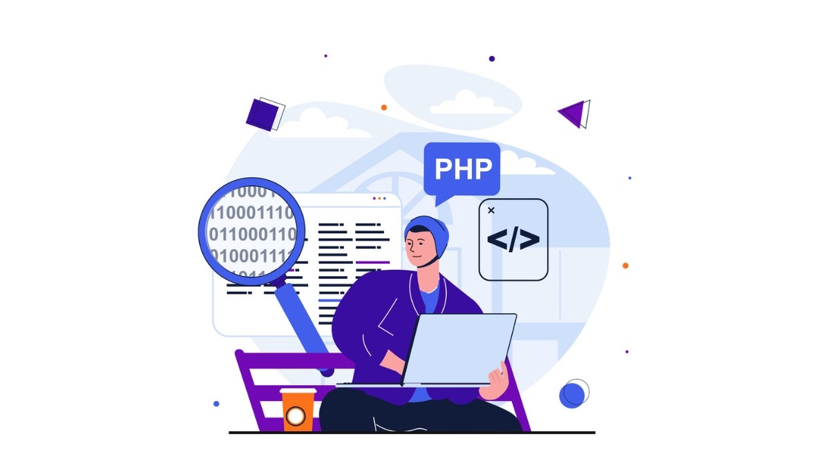 Illustration of a person coding on a laptop in a relaxed setting, surrounded by symbols for PHP, HTML, and binary code—representing the search for skilled PHP developers and the tools used to evaluate programming expertise.