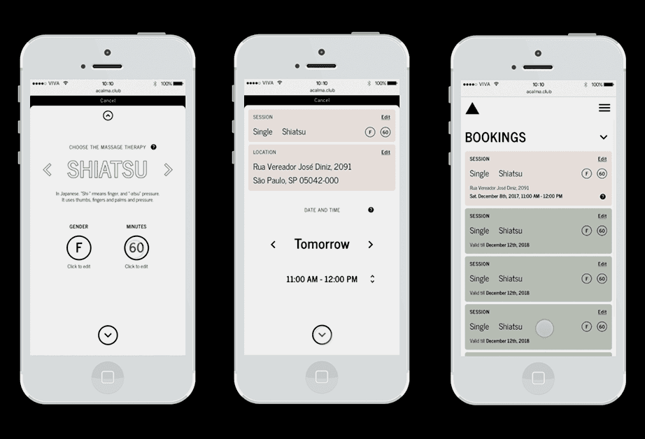 Three smartphones display the Acalma Club booking app interface. The leftmost phone shows “SHIATSU” as the massage therapy option, “F” for gender selection, and “60” minutes. The center phone shows “Single Shiatsu” session with location details and date/time. The rightmost phone displays “Single Shiatsu” session with date/time and session details. All phones show the time as 10:30.