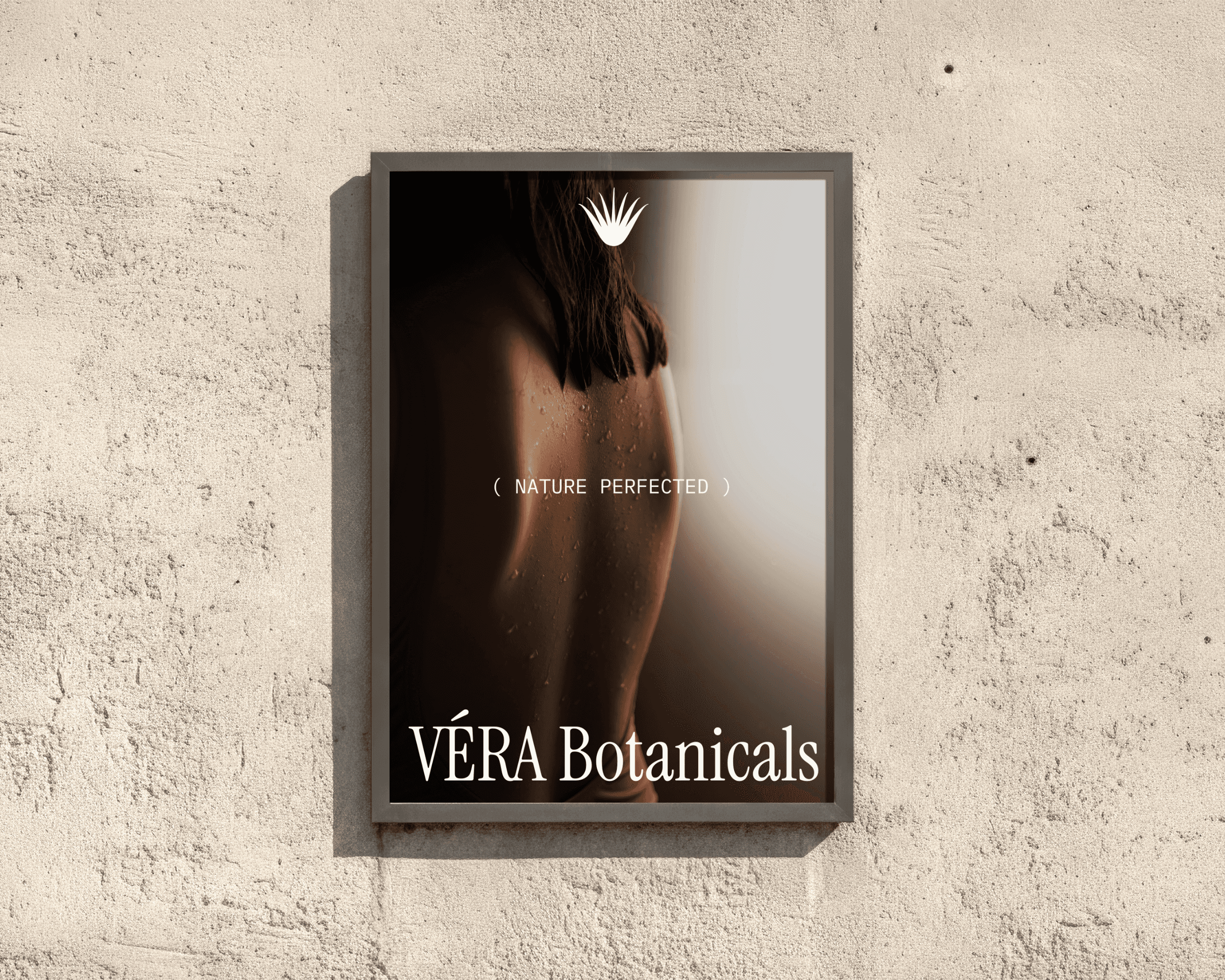 A poster design for the organic skincare brand VÉRA Botanicals. The poster features a photo of a woman's back with the brand logo at the bottom and the words "( NATURE PERFECTED )" in the middle of the poster.