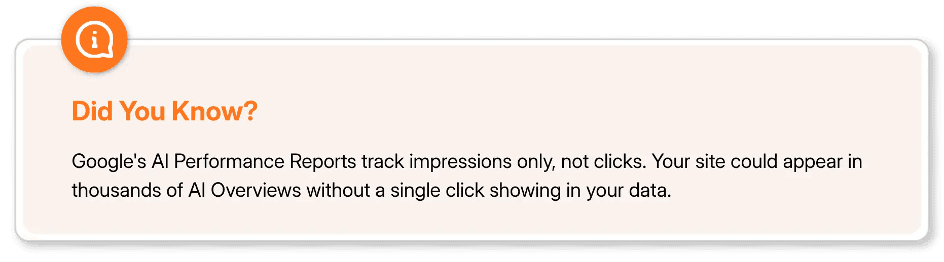 Google AI Performance Reports tip: tracks impressions, not clicks in AI Overviews.