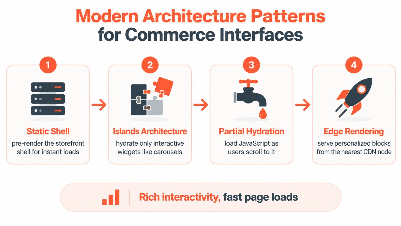 A diagram illustrating four modern frontend architecture patterns for commerce websites including static shell, islands, hydration, and edge rendering.