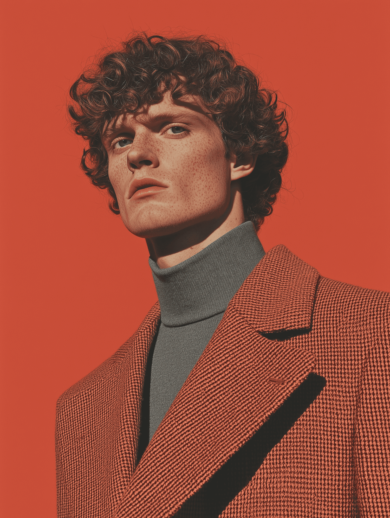 A man with curly hair wearing a bright red coat stands confidently, showcasing his unique style.