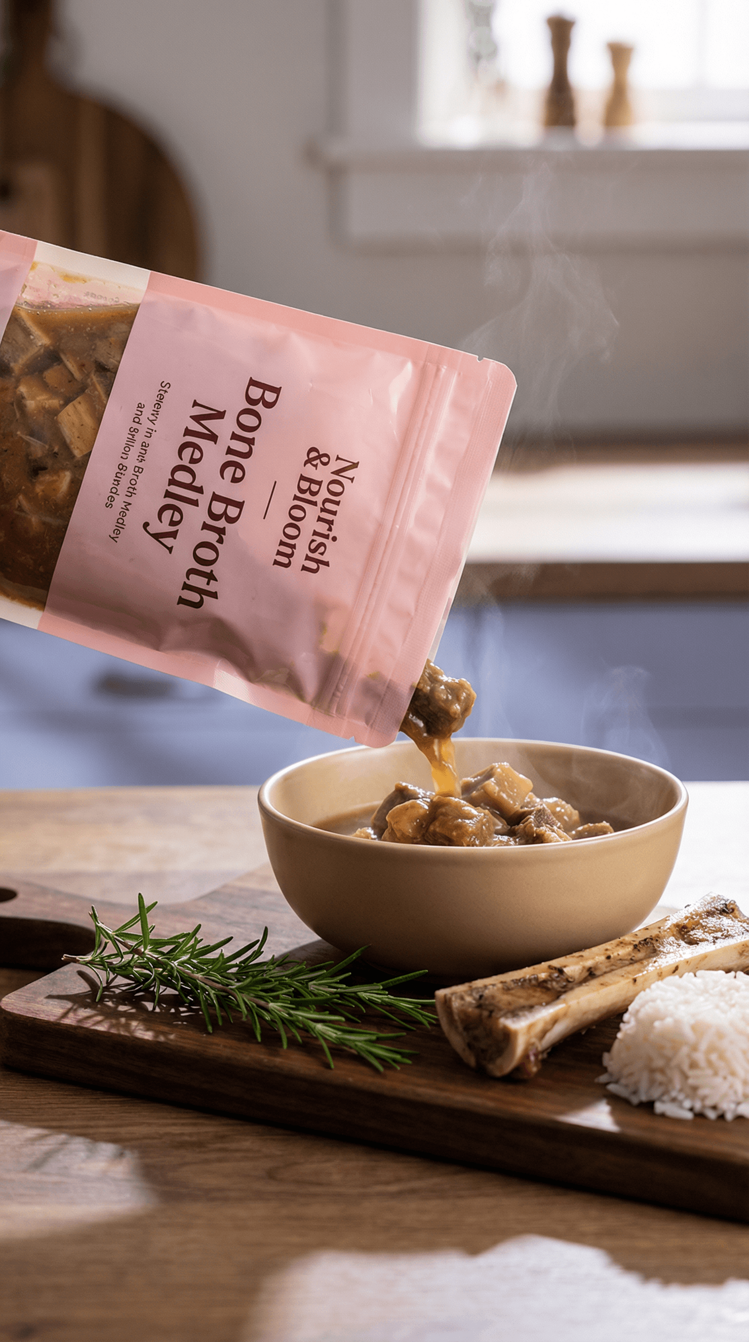 Soft pink pouch pouring a warm bone broth medley into a bowl with steam rising