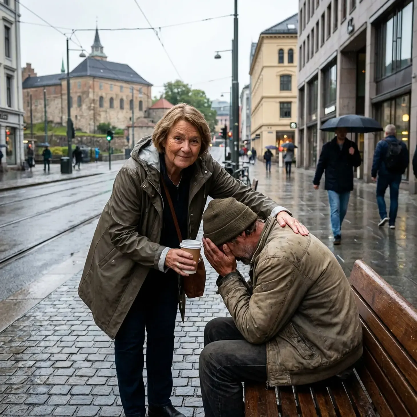 Bilde av en kvinne som viser empati og omsorg for en nedbrutt mann på en benk i byens sentrum.