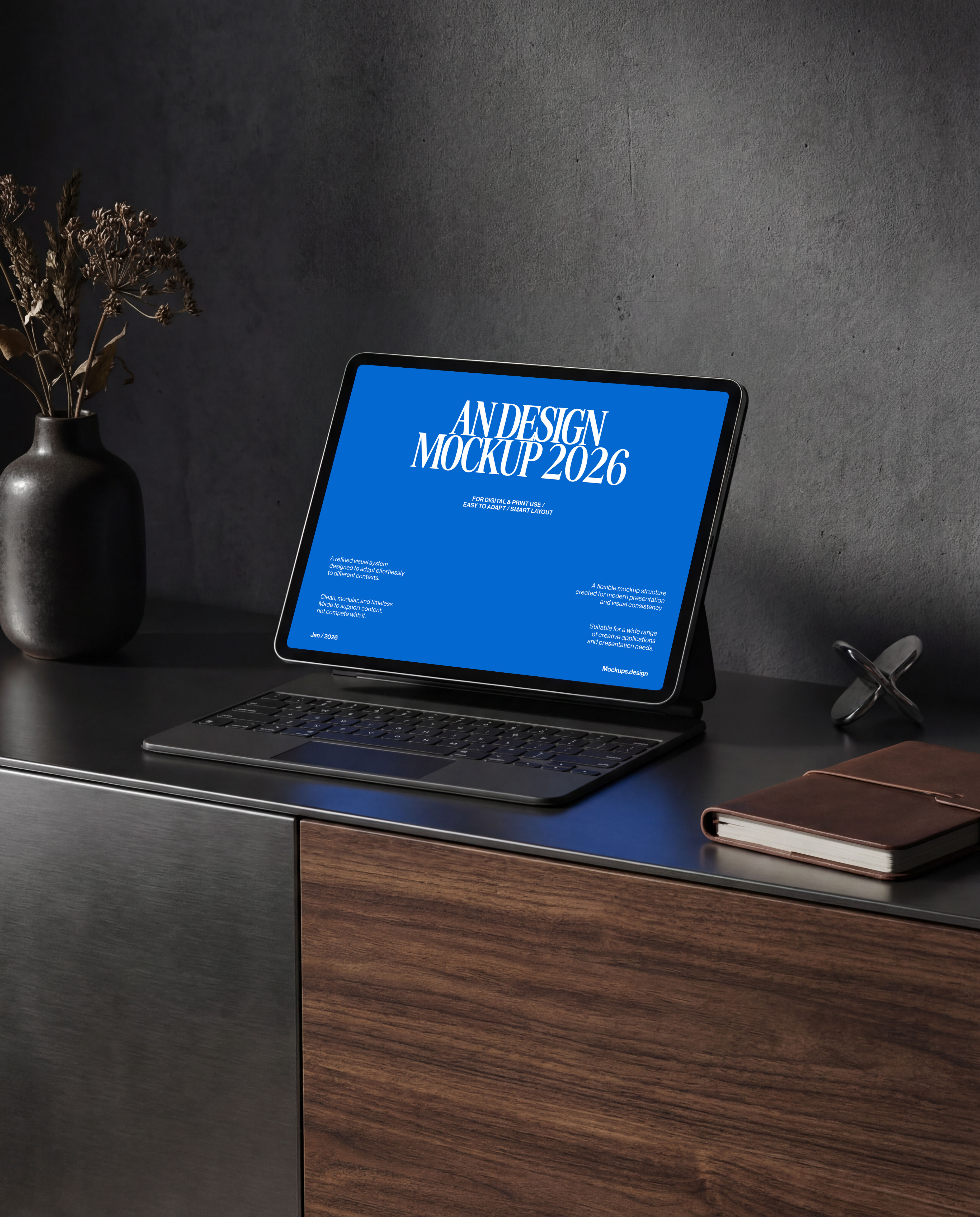 iPad mockup in office setting, sleek modern presentation