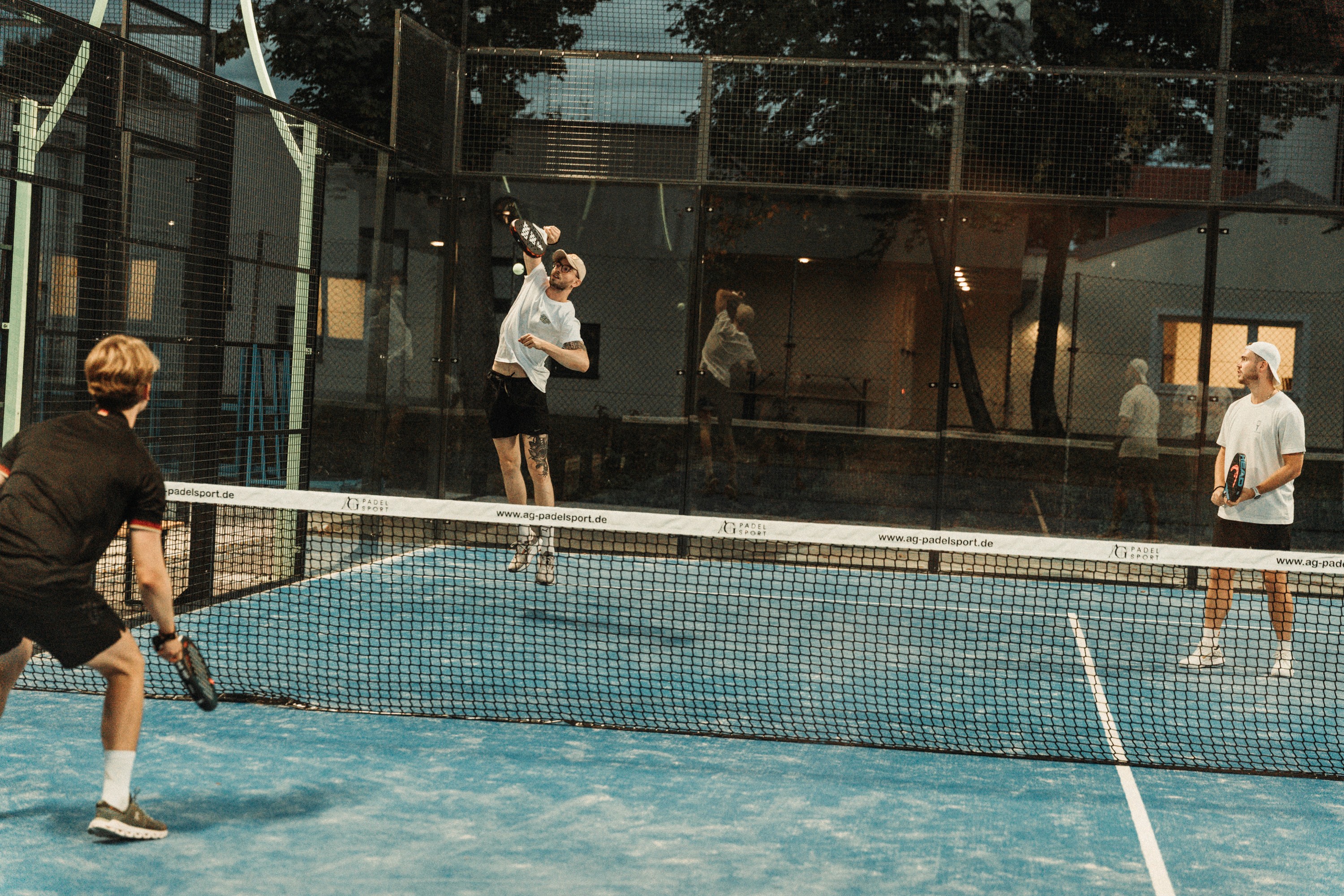 Drone shot of a running track at night