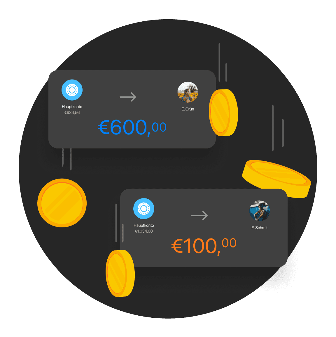 Zwei smartphone-ähnliche Geräte mit verschiedenen Symbolen und Farben auf einem dunklen Hintergrund, was auf ein Tech-Thema hinweist.