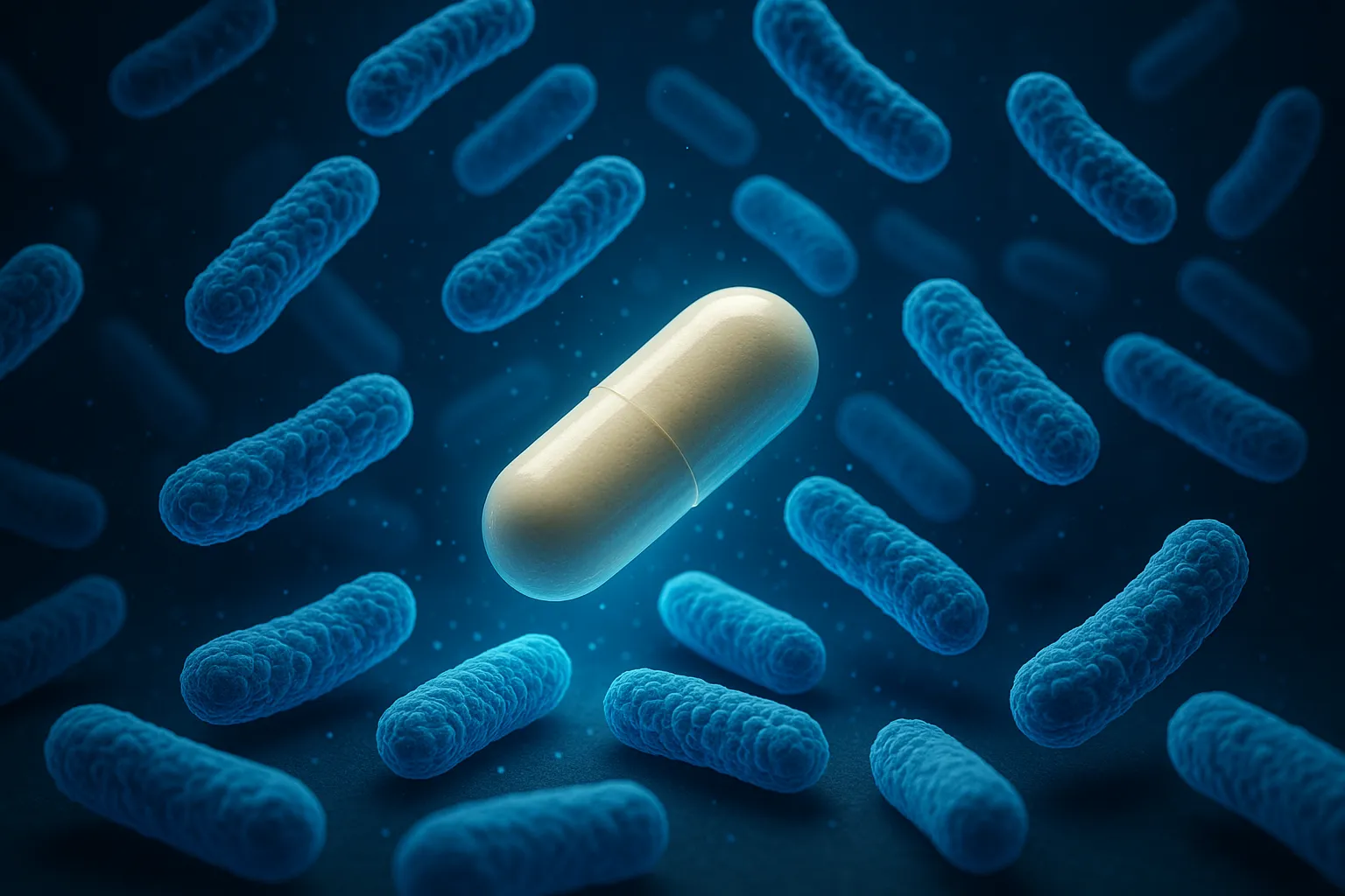 Lactobacillus reuteri bacteria surrounding a glowing supplement capsule
