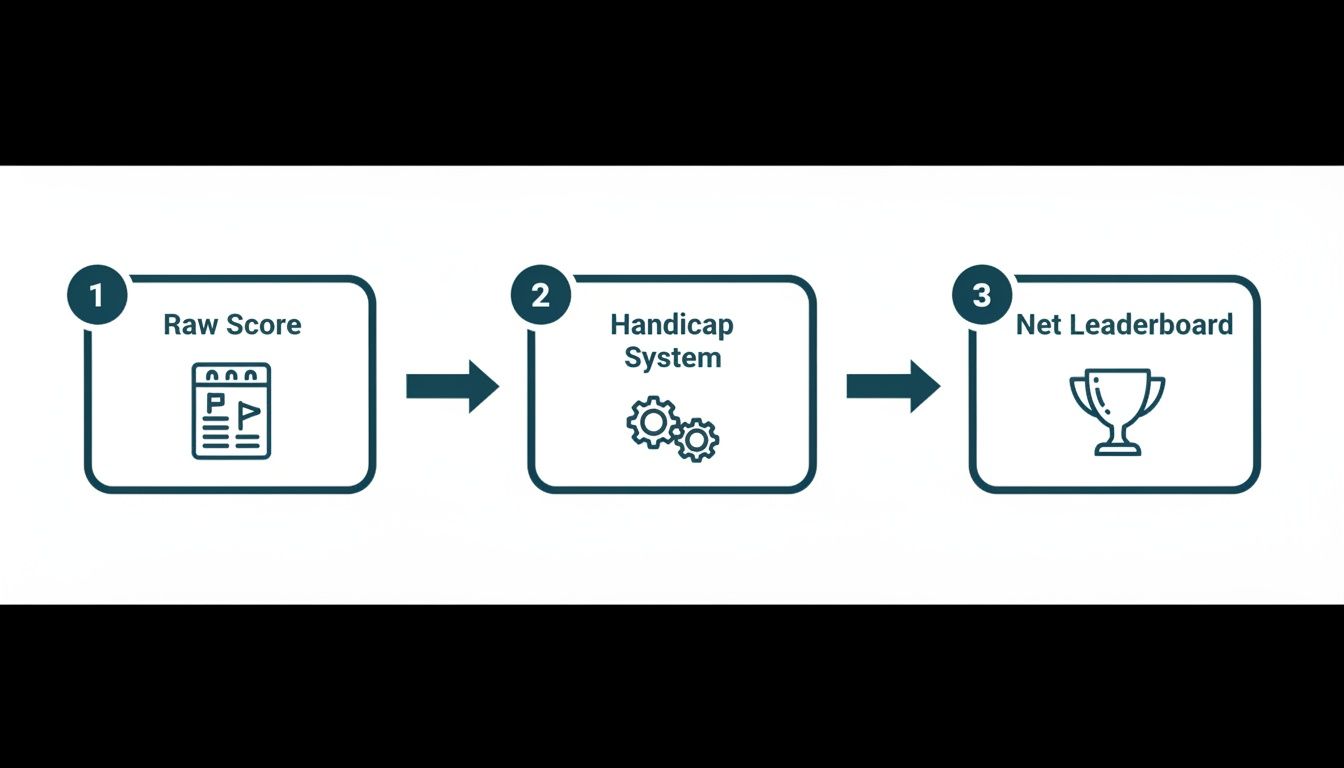 A three-step diagram illustrates the golf scoring process: raw score, handicap system, leading to a net leaderboard.