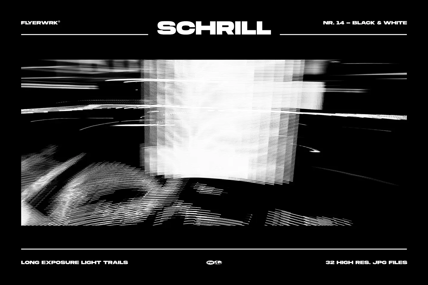 Schrill black and white light streak background featuring a large, bright square of light with digital-style horizontal distortion.