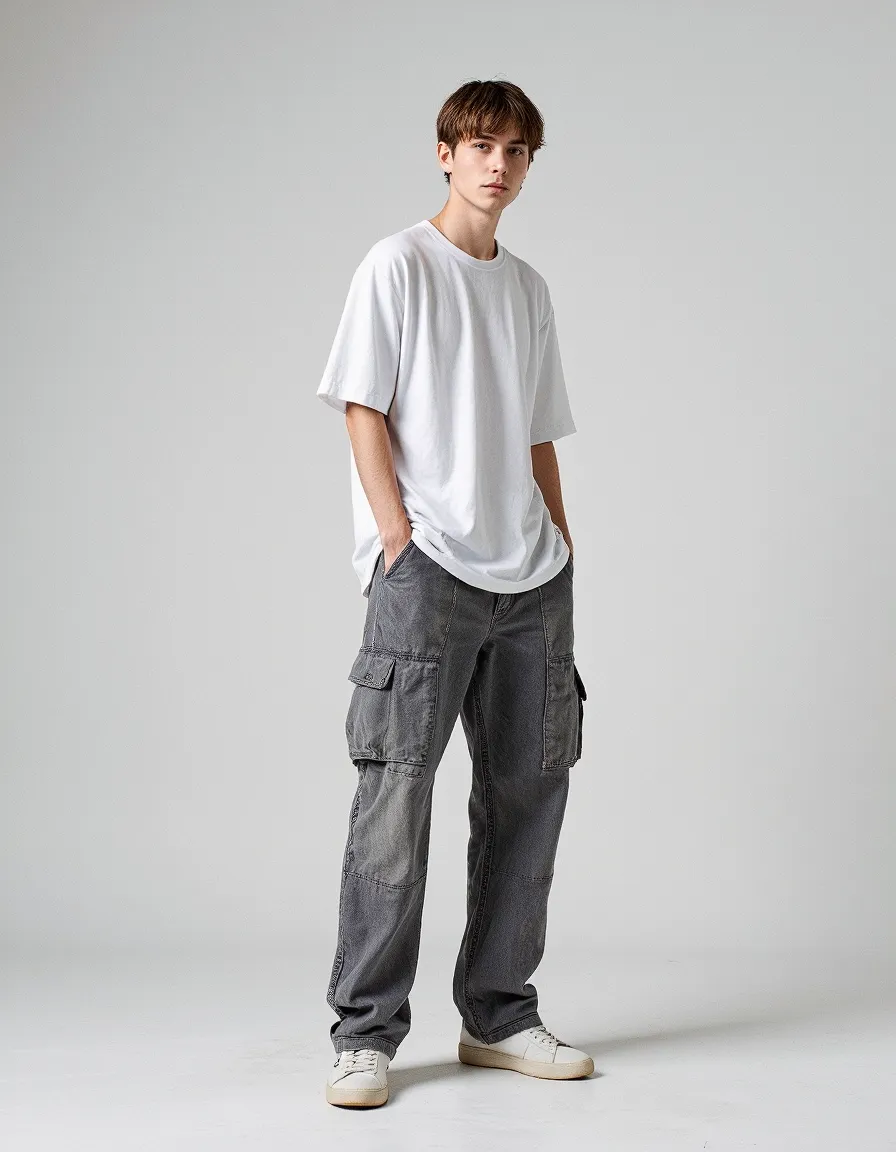 Young man in oversized white t-shirt and gray cargo pants standing against neutral background in minimalist style