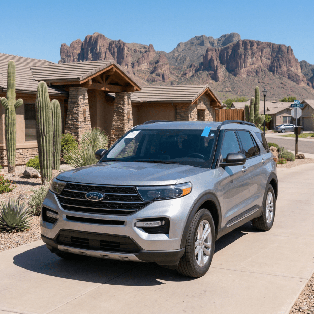 Silver Ford Explorer parked amid desert landscaping in Goodyear, Arizona after a Bang AutoGlass windshield service