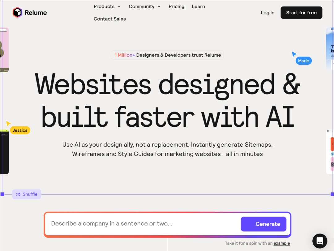 AI-powered website design service promotion with "Start for free" button.