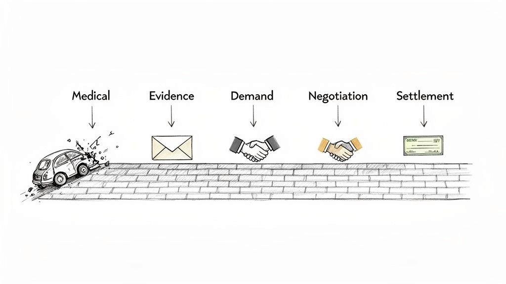 Illustration showing the steps of an auto accident settlement: medical, evidence, demand, negotiation, and final settlement check.