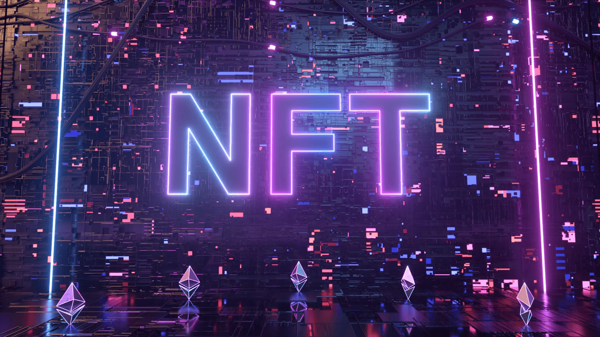  Neon NFT text with Ethereum logos - How to Find NFT Developers